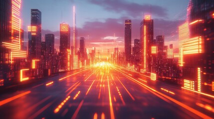 Neon-lit cityscape avenue at dawn.