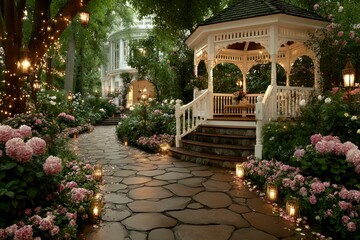 Obraz premium Enchanting Garden Pathway Leading to a Romantic Gazebo Surrounded by Lush Flowers and Warm Lant