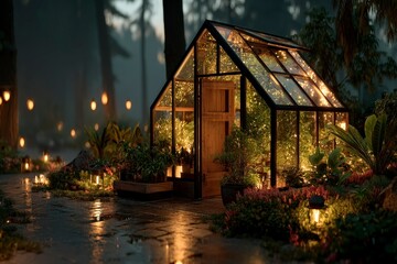 Fototapeta premium Enchanting Greenhouse Illuminated at Night with Fairy Lights Surrounded by Lush Garden and Lan
