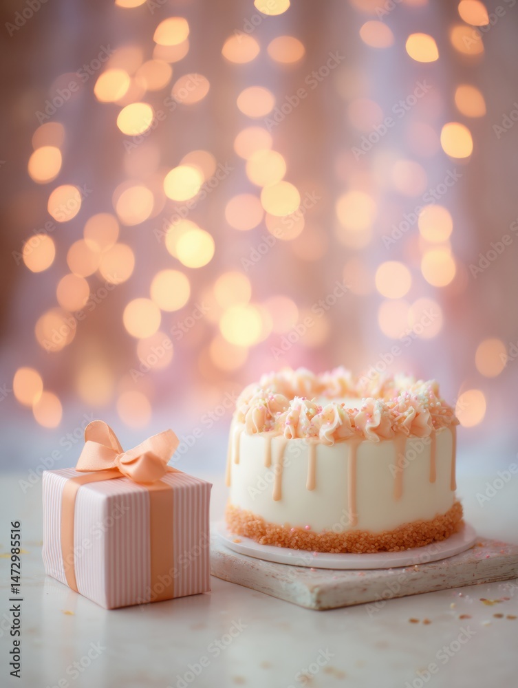Aufkleber celebratory birthday cake and gift create a joyful atmosphere with soft bokeh lights in the backgrou