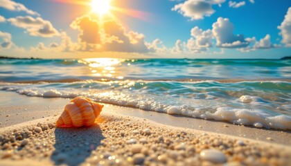 Obraz premium macro pov: golden sunbeams explode across crystalline sand, blurring the horizon, warm, azure water gently laps, mirroring the vibrant sky, a single