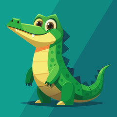 Smiling Crocodile Cartoon: A friendly, cartoon crocodile smiles warmly, standing upright with its arms at its sides against a teal background.