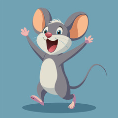 Happy Mouse Cartoon: A cheerful cartoon mouse with big ears and a wide smile joyfully leaps with arms outstretched against a serene blue backdrop.