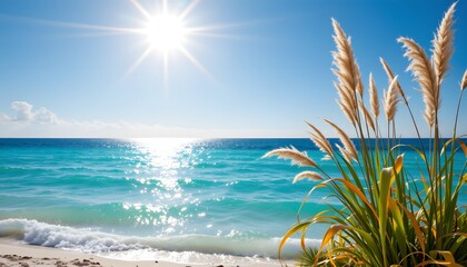 Obraz premium bask in sun drenched tranquility: an endless expanse of aquamarine ocean kisses a pristine, white sand beach, an eye level, panoramic vista captures the idyllic scene