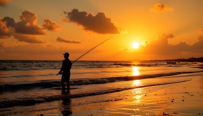 a solitary figure, silhouetted against the incandescent horizon, stands knee deep in shimmering water, a fishing rod loosely held, embracing the warmth of summertime at the beach