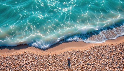 sun drenched, granular expanse meeting cerulean water, depicted in extreme macro detail from above, the tiny grains transform into landscapes underfoot