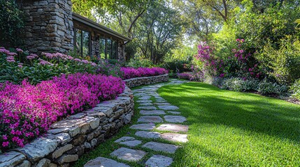 Obraz premium Sunlit garden path with stone wall and vibrant flowers.