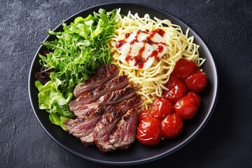 Steak, Pasta, and Salad Plate