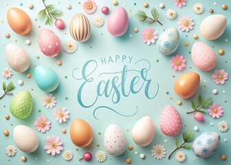 Happy Easter Pastel Eggs Flowers Festive Background