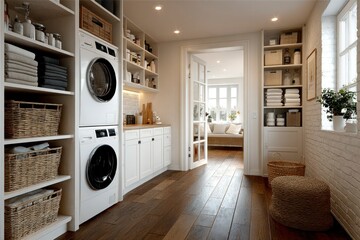 Modern Laundry Room with Builtin Shelves Stackable Washer Dryer and Natural Light