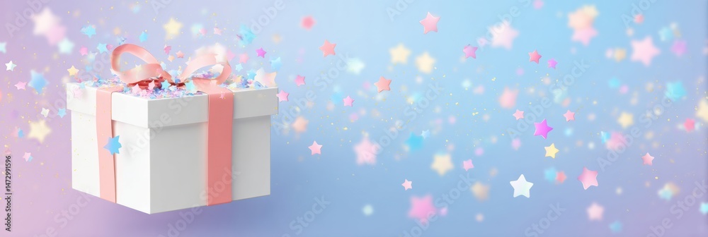 Poster festive gift box adorned with a ribbon and colorful stars on a soft gradient background during a cel