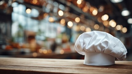 White Chef Hat on Wooden Table in Blurred Kitchen Setting