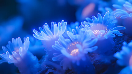 Softly glowing bioluminescent plankton in a tranquil ocean night, ocean, blue. [Abyssal Gardens] | Deeplight Flora | tranquil shine. Illustration