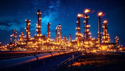 Fototapeta premium Illuminated industrial complex with tall towers under a starlit night sky