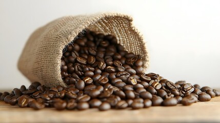Fototapeta premium Roasted Coffee Beans Spilling from Burlap Sack