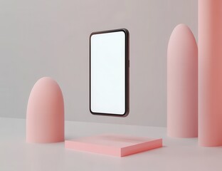 Floating phone on pastel pink podiums