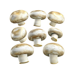 Nine Fresh Button Mushrooms Floating on Transparent Background