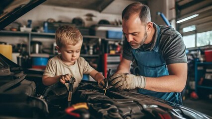 A father and son work together in a garage, bonding while repairing a car. This heartwarming scene captures the essence of family, learning, and the joy of hands-on projects. - Powered by Adobe