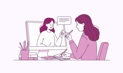 Online Consultation Illustration. Woman sits at a desk, writing in a notebook while looking at a computer screen displaying another woman speaking through a speech bubble