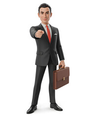 Confident 3D Cartoon Businessman Pointing at You, Holding a Briefcase,  Ready for Business