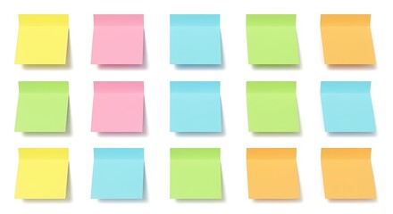 A collection of colorful sticky notes in various hues isolated on a clean white backdrop.
