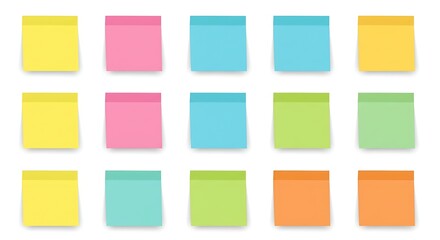 A variety of colorful sticky notes in a grid pattern are displayed against a white backdrop.
