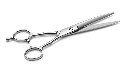 A pair of professional, shiny, open scissors isolated on a white background.