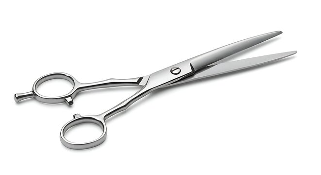 A pair of professional, shiny, open scissors isolated on a white background.