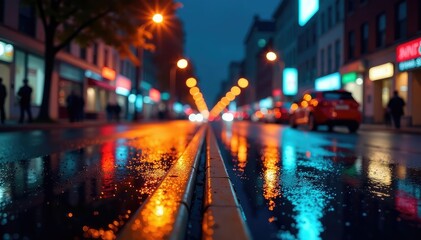 Obraz premium Abstract late-night city lights reflecting on wet pavement, streetlight, street, blue