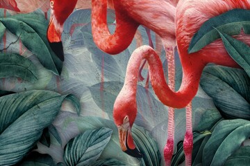 Flamingos and dark leaves