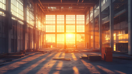 Spacious construction site interior with natural light and sunset. [Echoes of Industry] | Chainpulse Machine | trembling loop. Illustration