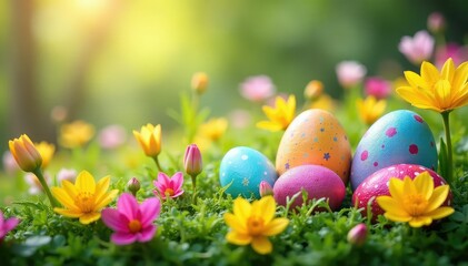 Colorful Easter eggs nestled amongst blooming spring flowers, a vibrant springtime scene , flower arrangement, happy easter