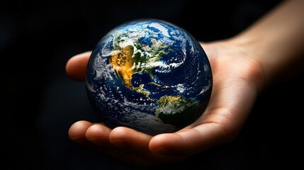 Earth held in a hand. A small globe of the planet Earth, meticulously detailed, sits comfortably in the palm of a hand, against a dark backdrop