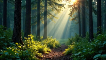 Obraz premium Dense coniferous forest, sun-dappled undergrowth, environment, understory