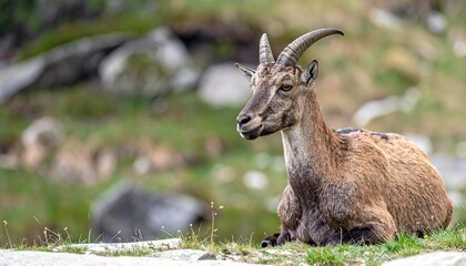 Ibex resting in alpine meadow, basking in the sunlight, on rocky terrain, blending into the mountainous landscape