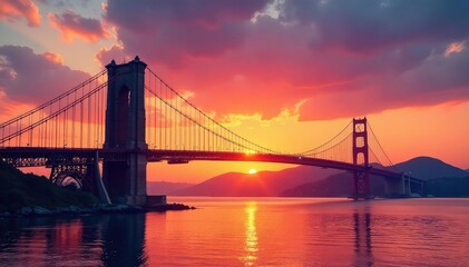 Fototapeta premium Majestic bridge tower against a vibrant sunset sky , metal, transportation, structure