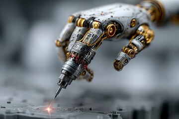 Advanced Robotic Arm Performing Precision Work on Circuit Board Featuring Intricate Mechanical