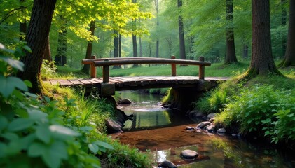 Rustic wooden creek bridge spanning a shallow stream Tranquil nature scene , flowing, tranquil
