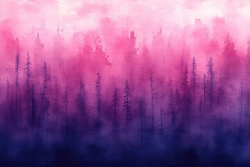 Pink and purple misty forest scene with artistic watercolor style.