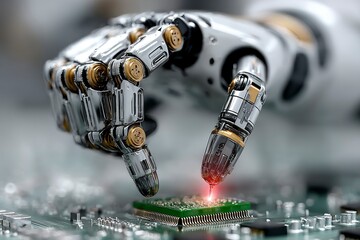 Advanced Robotic Arm Performing Precision Work on Microchip Technology