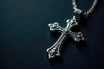 Silver cross pendant, ornate detail, dark background, spirituality, detail