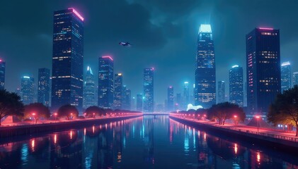 Obraz premium Sleek, futuristic cityscape at night, glowing holographic buildings and flying vehicles , abstract, dark
