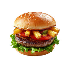 Juicy Beef Burger with French Fries and Sesame Bun