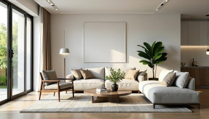 Stylish living room interior with modern furniture and decor, natural light , cozy, plants