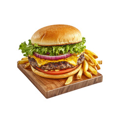 Juicy Cheeseburger with Crispy French Fries on Wooden Board