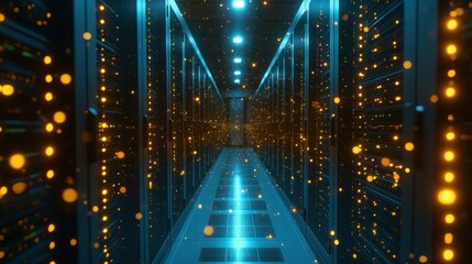 Server room aisle, futuristic, illuminated.  Dynamic, digital data flow