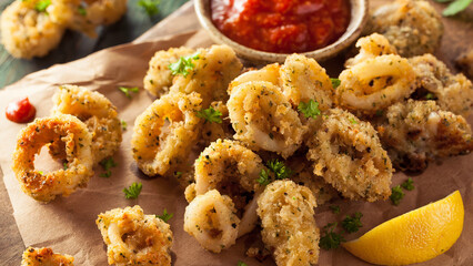 Crispy fried calamari served with dipping sauce and lemon wedge on a wooden table.