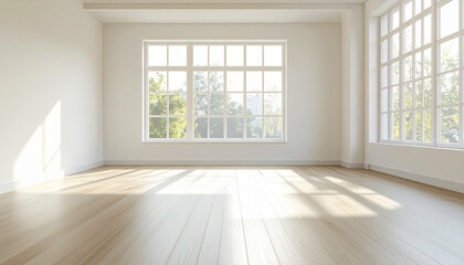 Fototapeta premium Bright, empty room with large windows, natural light, and light wooden floors