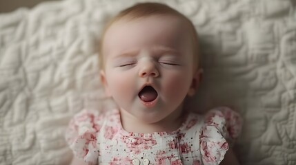 Adorable Baby Girl Yawning on Soft Blanket Closeup
