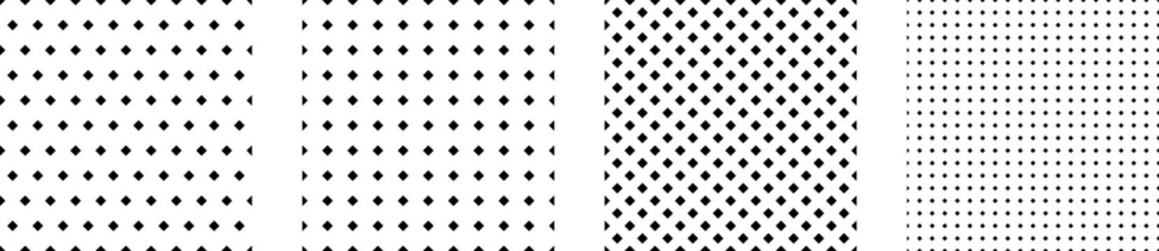 Seamless halftone rhombus pattern. Geometric mosaic, vector background pattern set. Grid mesh with holes or sports textile texture. Halftone wallpaper, diamond graphic illustration.